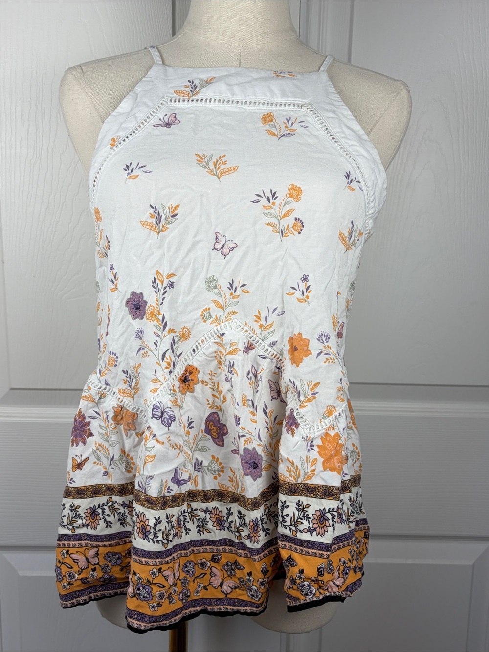 Blue rain Floral Crochet-Trim Halter Tank Top - White & Orange